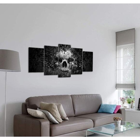 5-Piece Skull Canvas Wall Art – Dark Gothic Black and White Skull Painting - Picture 3 of 5